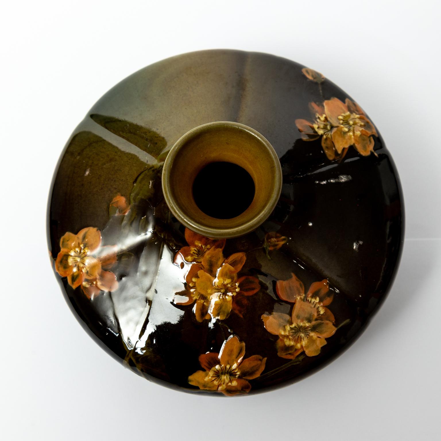 Antique Rookwood Art Pottery Squat Vase with Flowers For Sale at