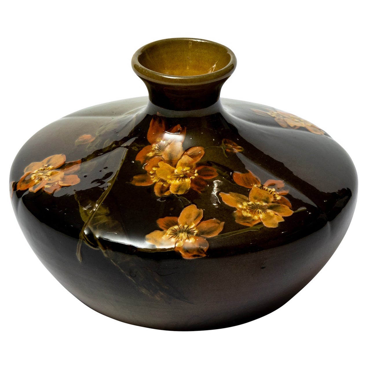 Antique Rookwood Art Pottery Squat Vase with Flowers For Sale