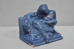 Antique Rookwood Blue Glazed Ceramic Nude Female Figure Reading Book Bookend