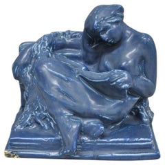 Antique Rookwood Blue Glazed Ceramic Nude Female Figure Reading Book Bookend