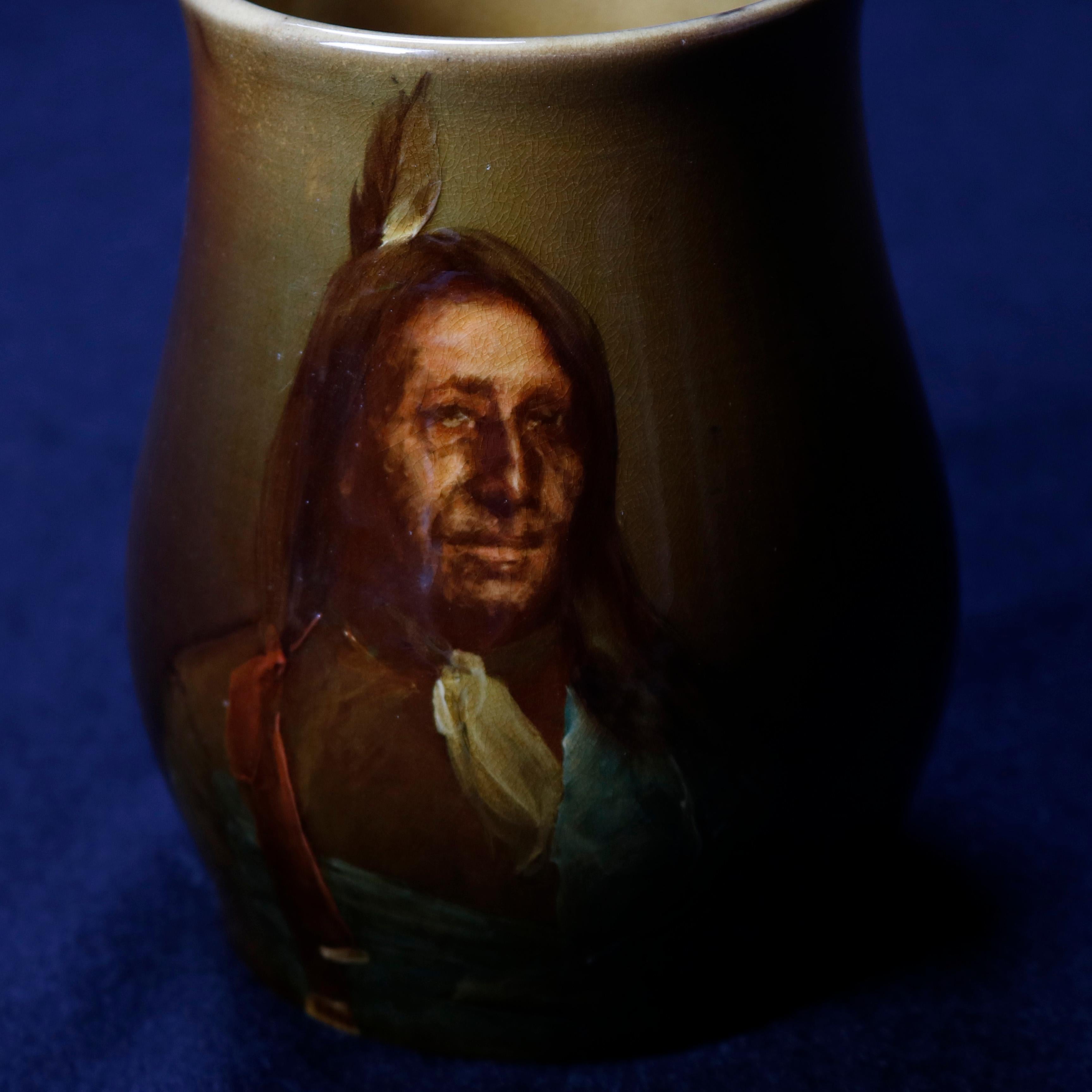 19th Century Antique Albert Valentien for Rookwood Art Pottery American Indian Portrait Mug