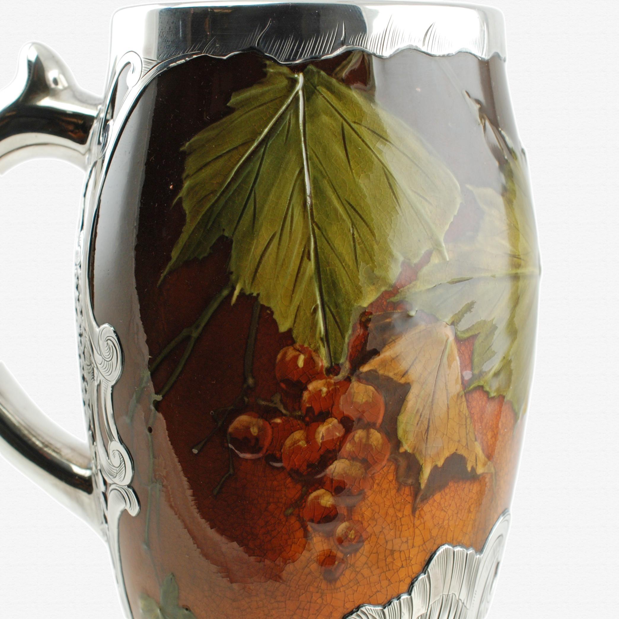 Ceramic Antique Rookwood Pottery Hand Painted Vessel Gorham Engraved Silver Decoration For Sale