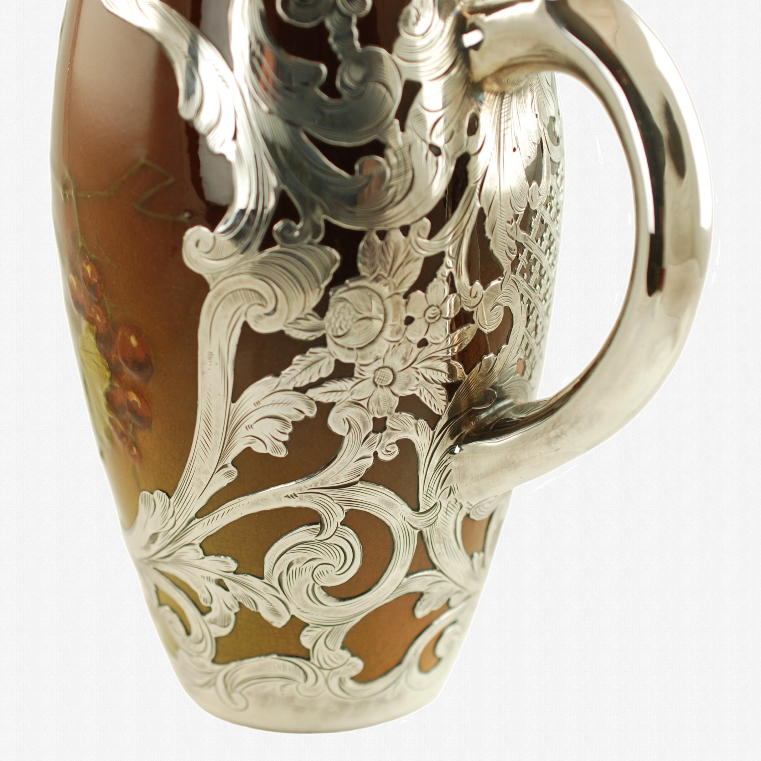Art Nouveau Antique Rookwood Pottery Hand Painted Vessel Gorham Engraved Silver Decoration For Sale