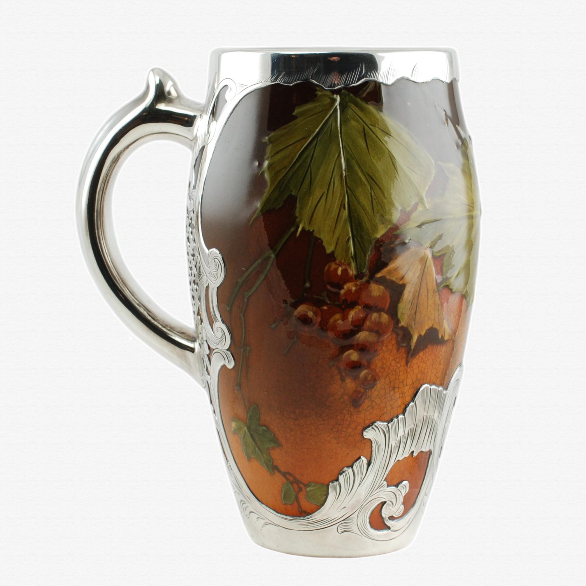 Late 19th Century Antique Rookwood Pottery Hand Painted Vessel Gorham Engraved Silver Decoration For Sale