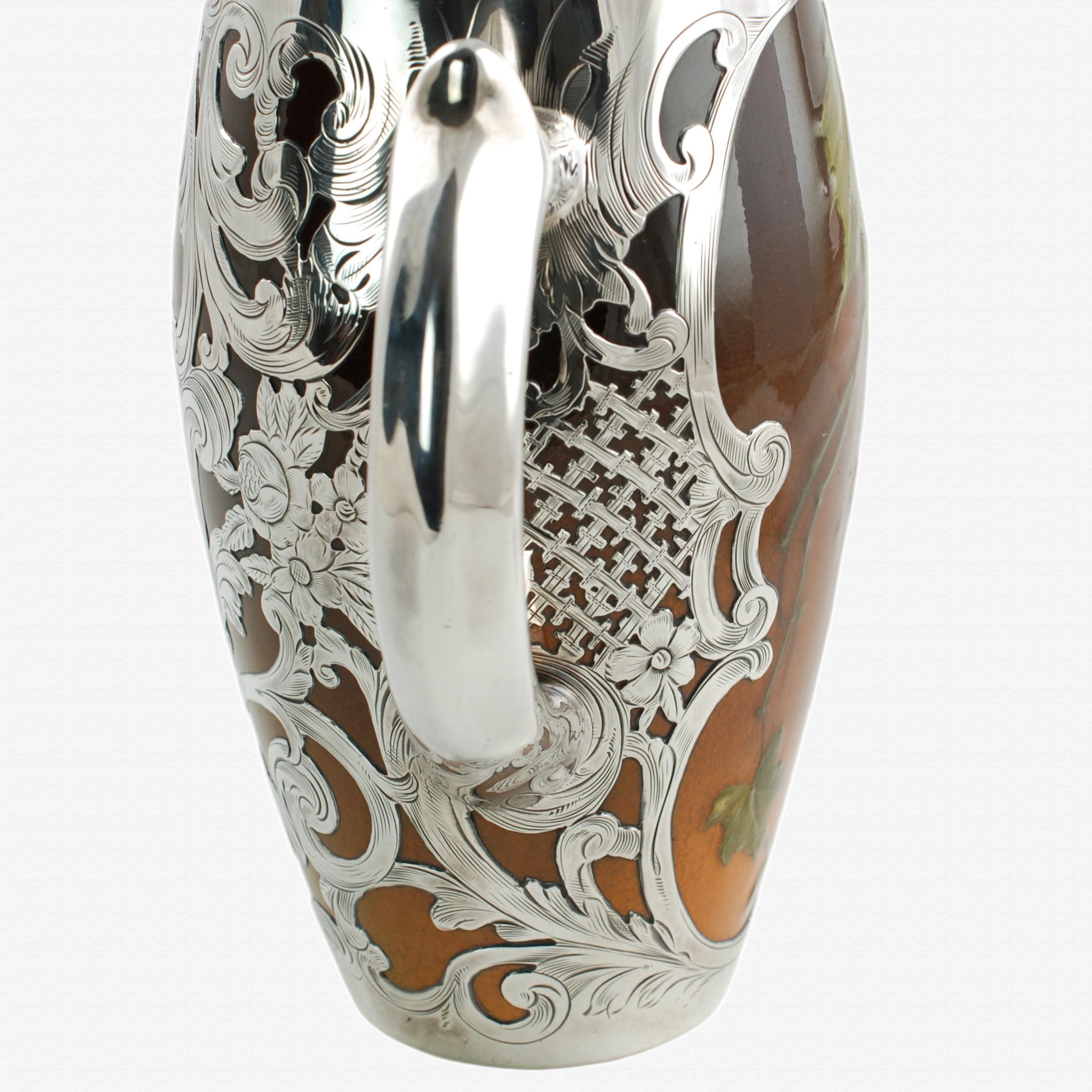 Art Nouveau Antique Rookwood Pottery Hand Painted Vessel Gorham Engraved Silver Decoration For Sale
