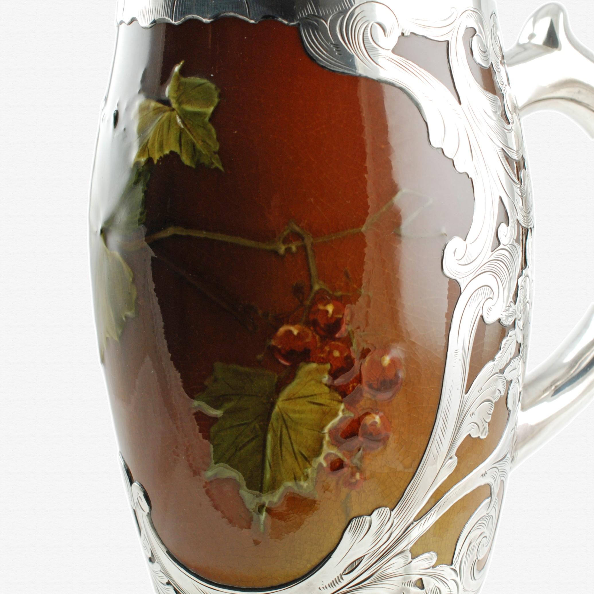 American Antique Rookwood Pottery Hand Painted Vessel Gorham Engraved Silver Decoration For Sale