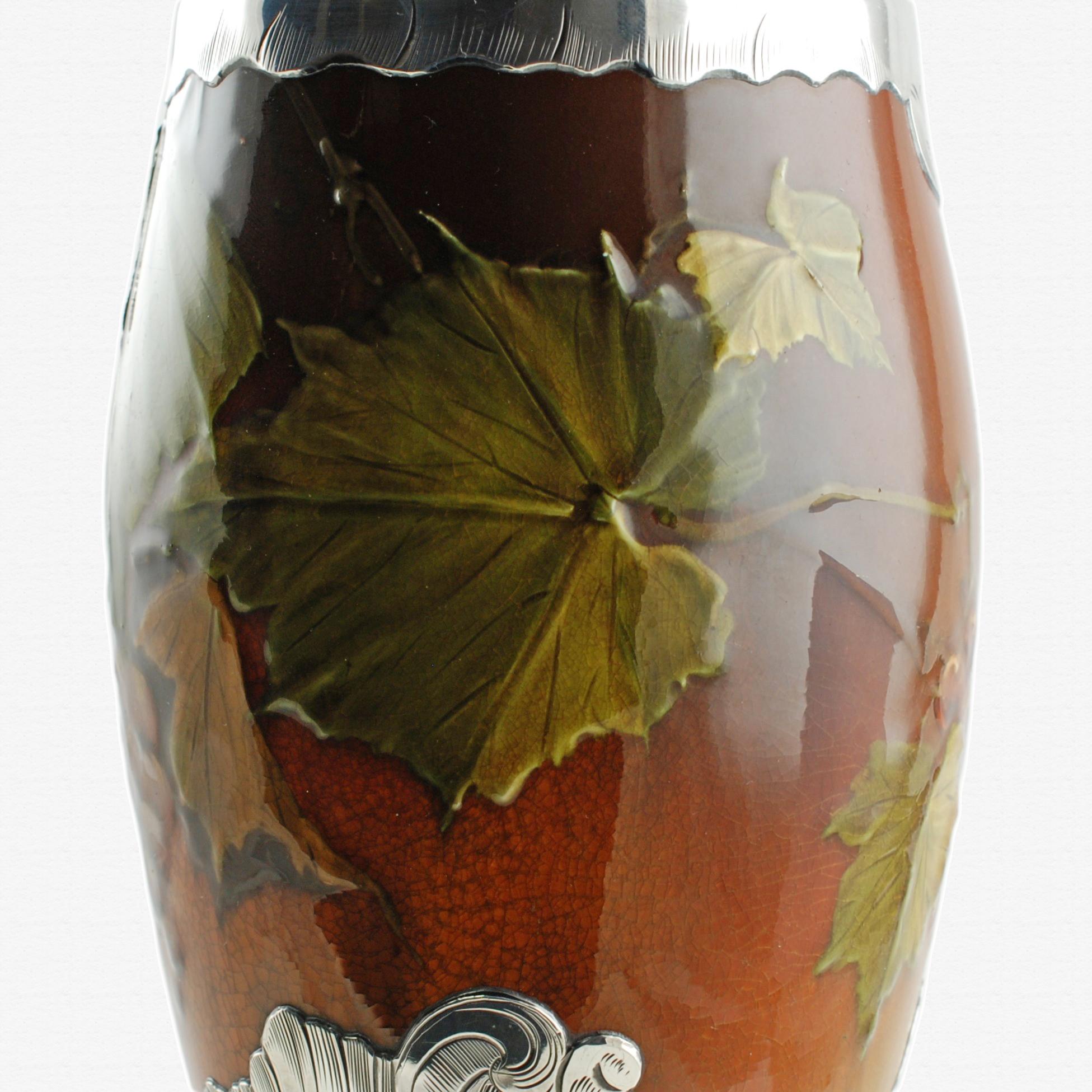Antique Rookwood Pottery Hand Painted Vessel Gorham Engraved Silver Decoration In Good Condition For Sale In Cincinnati, OH