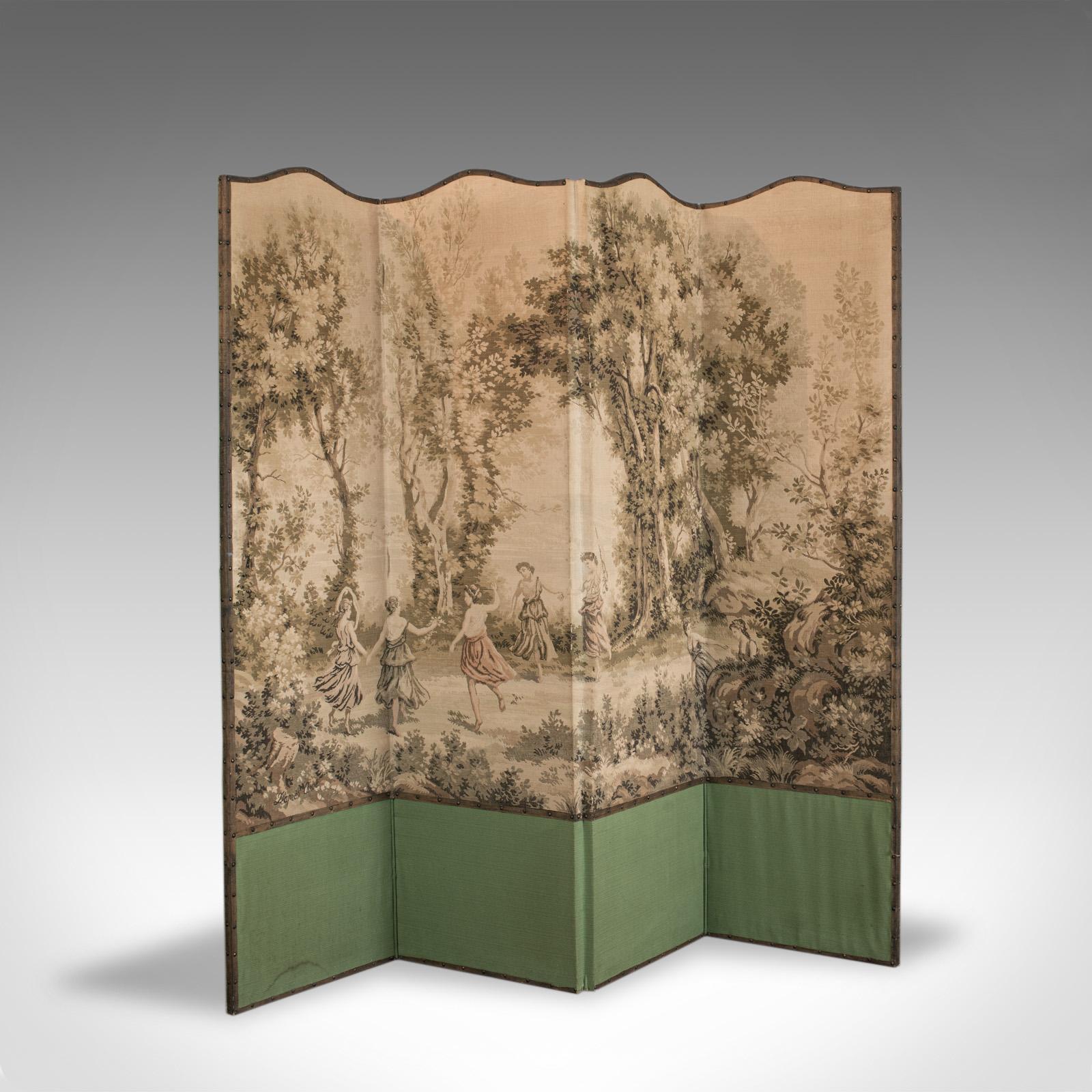 This is an antique room divider. A French, needlepoint screen or photography prop featuring a tapestry of Jean Corot's Dance of the Nymphs and dating to the late 19th century, circa 1880.

Classic Victorian period screen with art historical