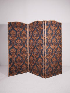Antique Room Divider "Paravent" - Folding Screen with Blue and Gold Fabric