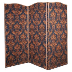 Antique Room Divider "Paravent" - Folding Screen with Blue and Gold Fabric