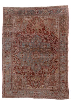 Antique Room-Size Heriz Rug with Red Field and Teal Medallion