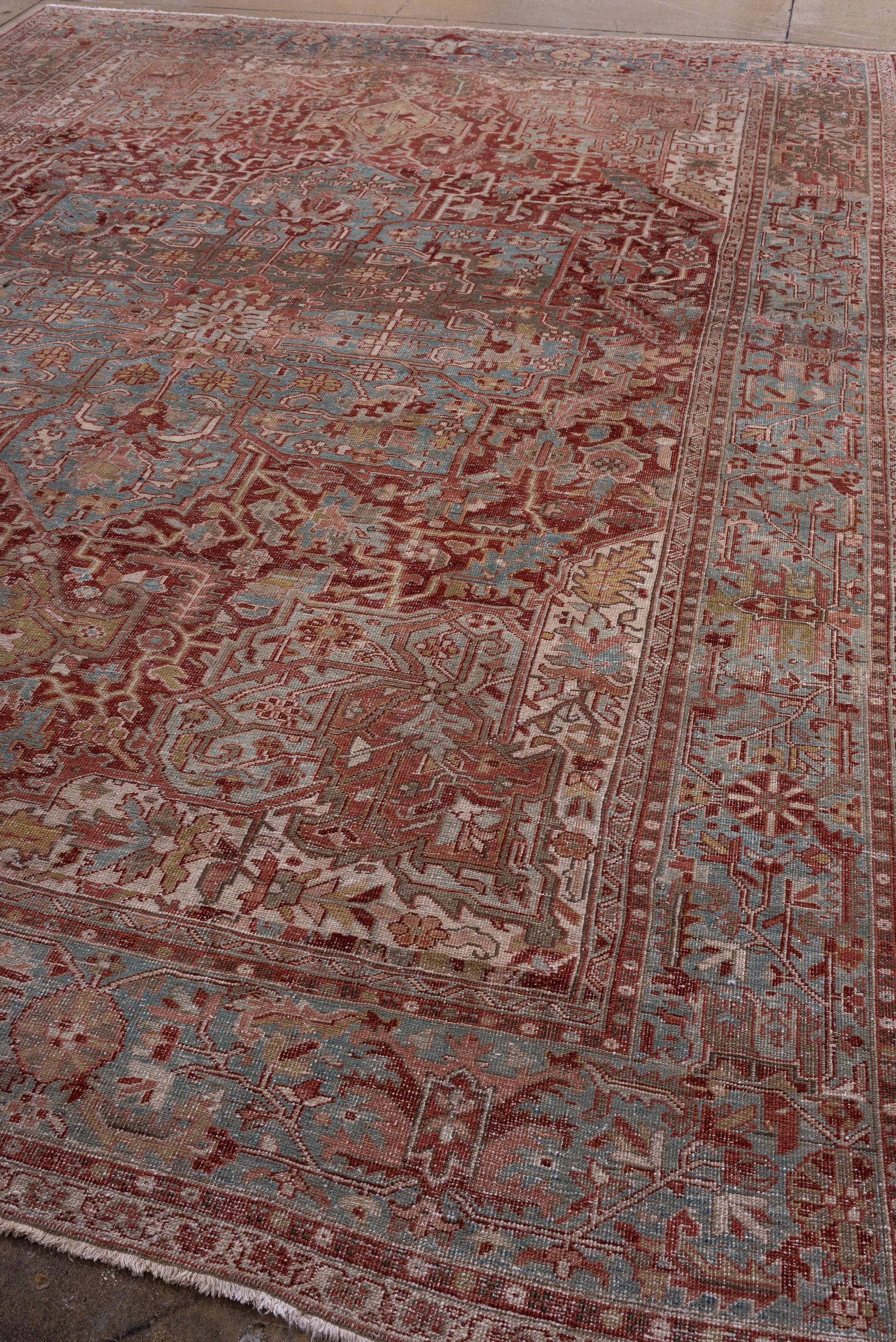 Persian Antique Room-Size Heriz Rug with Red Field and Teal Medallion