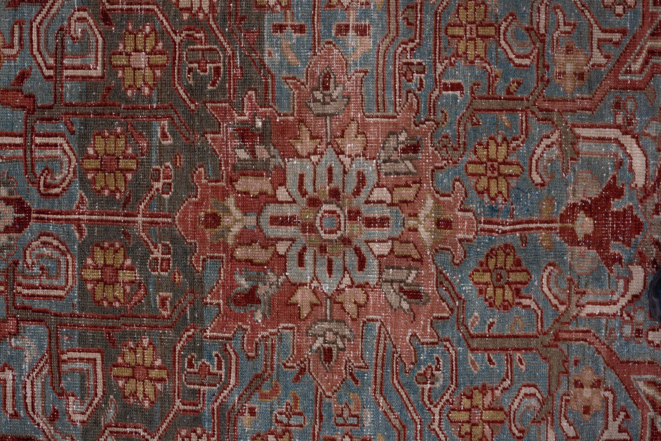 Hand-Knotted Antique Room-Size Heriz Rug with Red Field and Teal Medallion