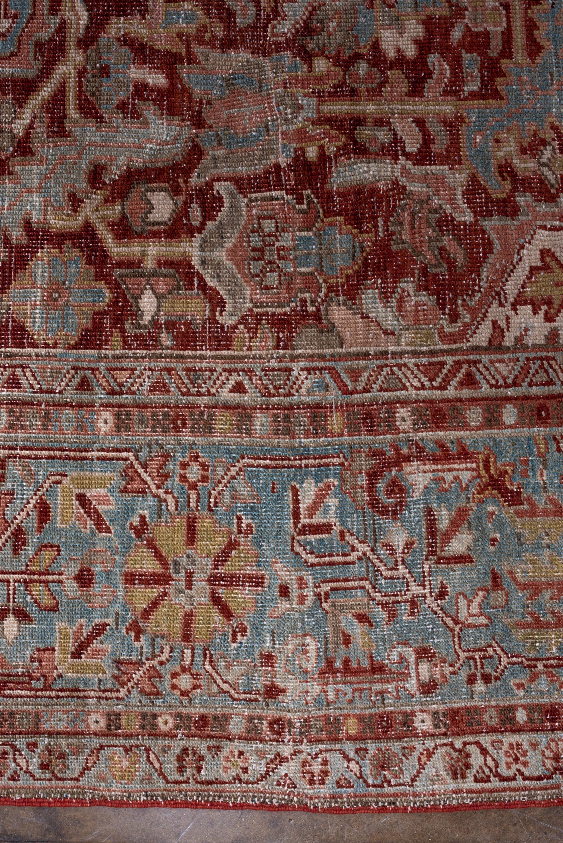 Antique Room-Size Heriz Rug with Red Field and Teal Medallion In Good Condition In New York, NY