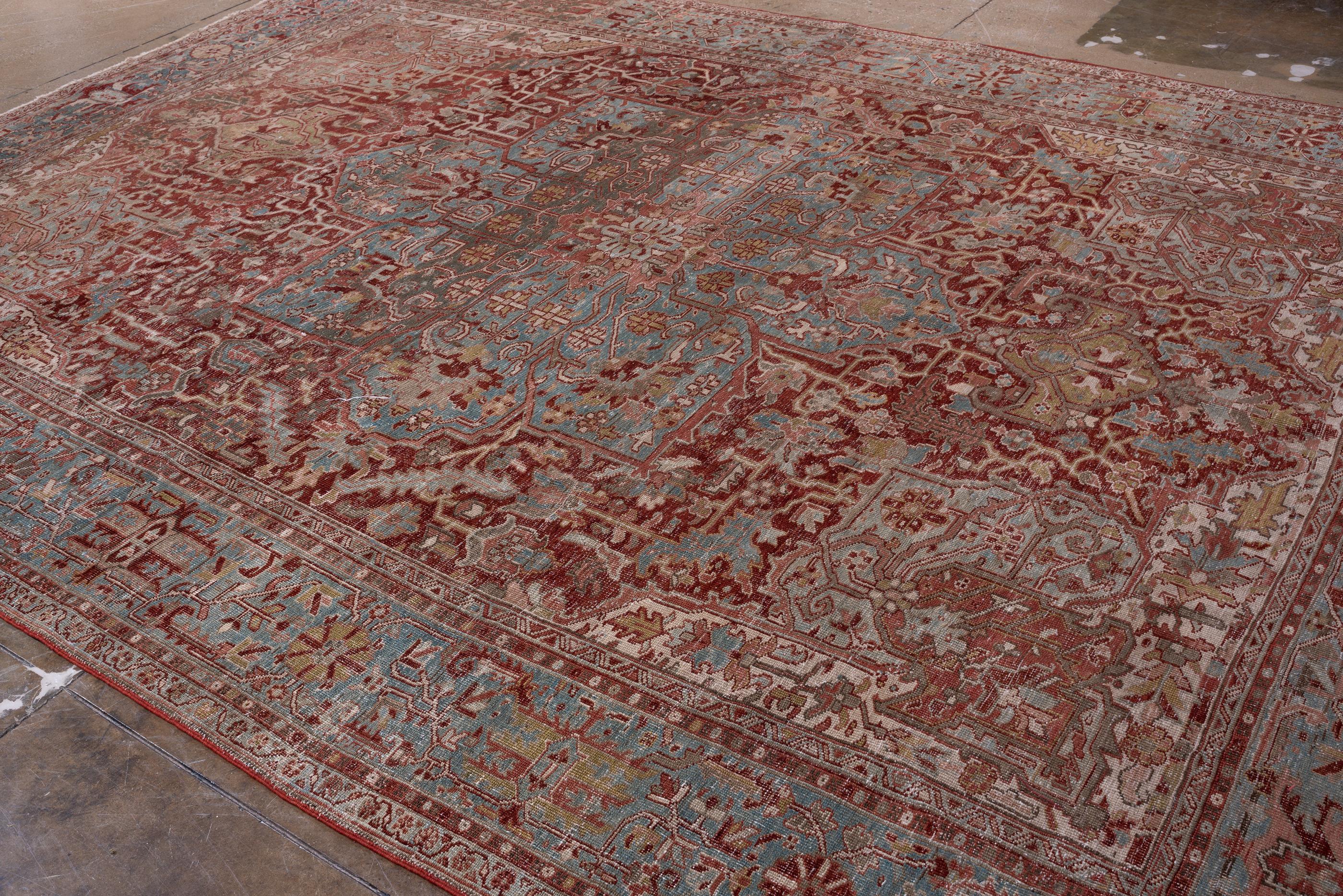 Antique Room-Size Heriz Rug with Red Field and Teal Medallion 1