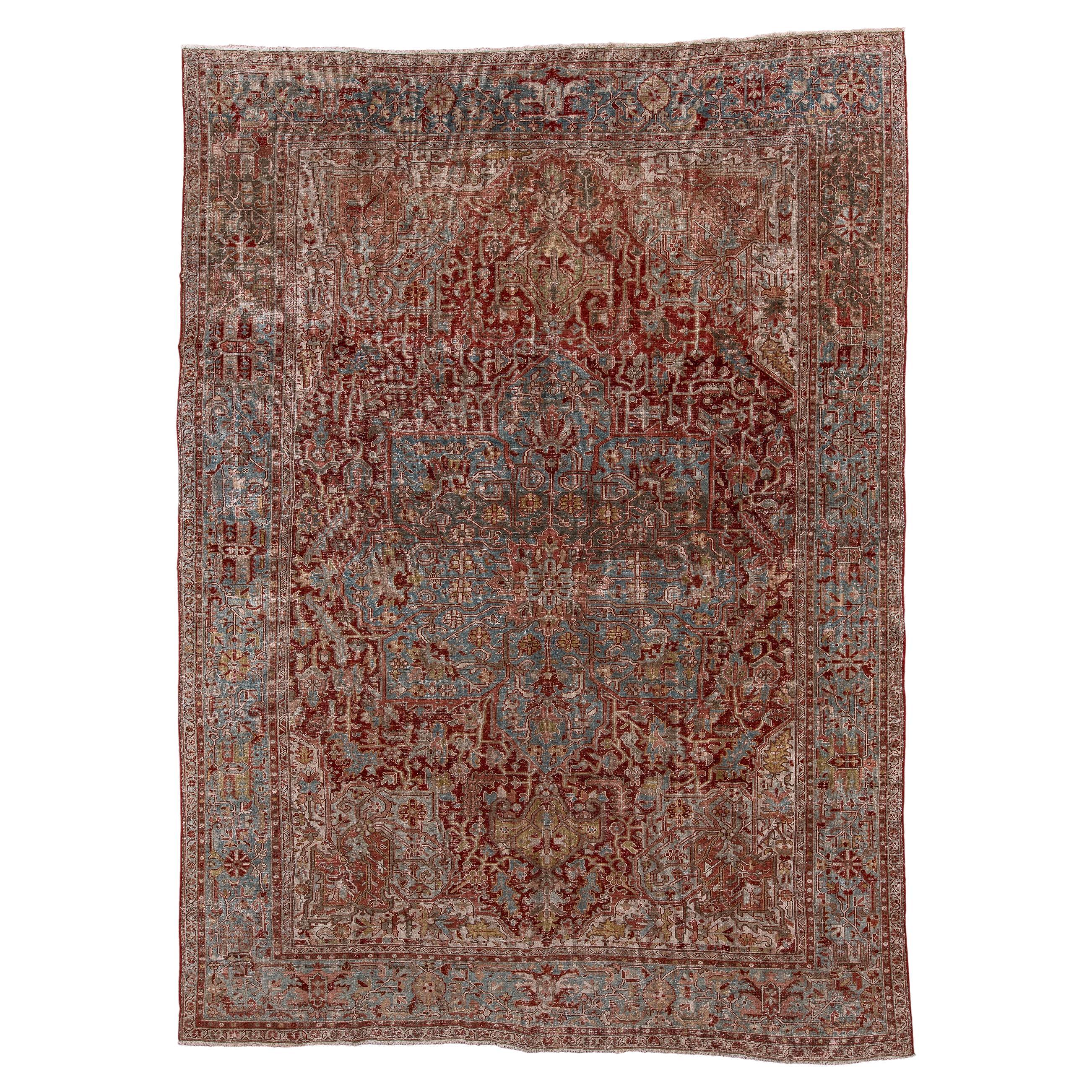 Antique Room-Size Heriz Rug with Red Field and Teal Medallion