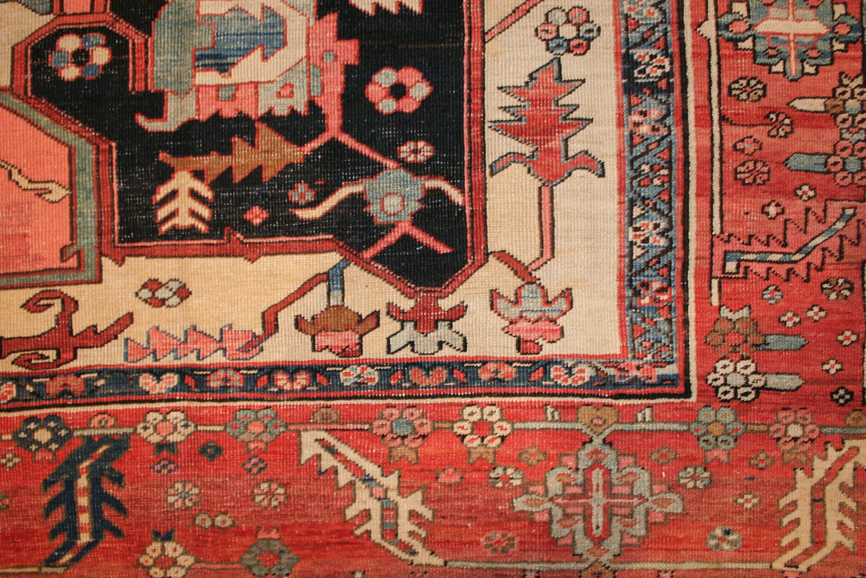 The antique carpets from the Heriz area which are given the name ‘Serapi’ typically have a very finely knotted lustrous pile and are dyed in a range of natural hues, masterfully blended to create a pleasing and harmonious palette. This beautiful