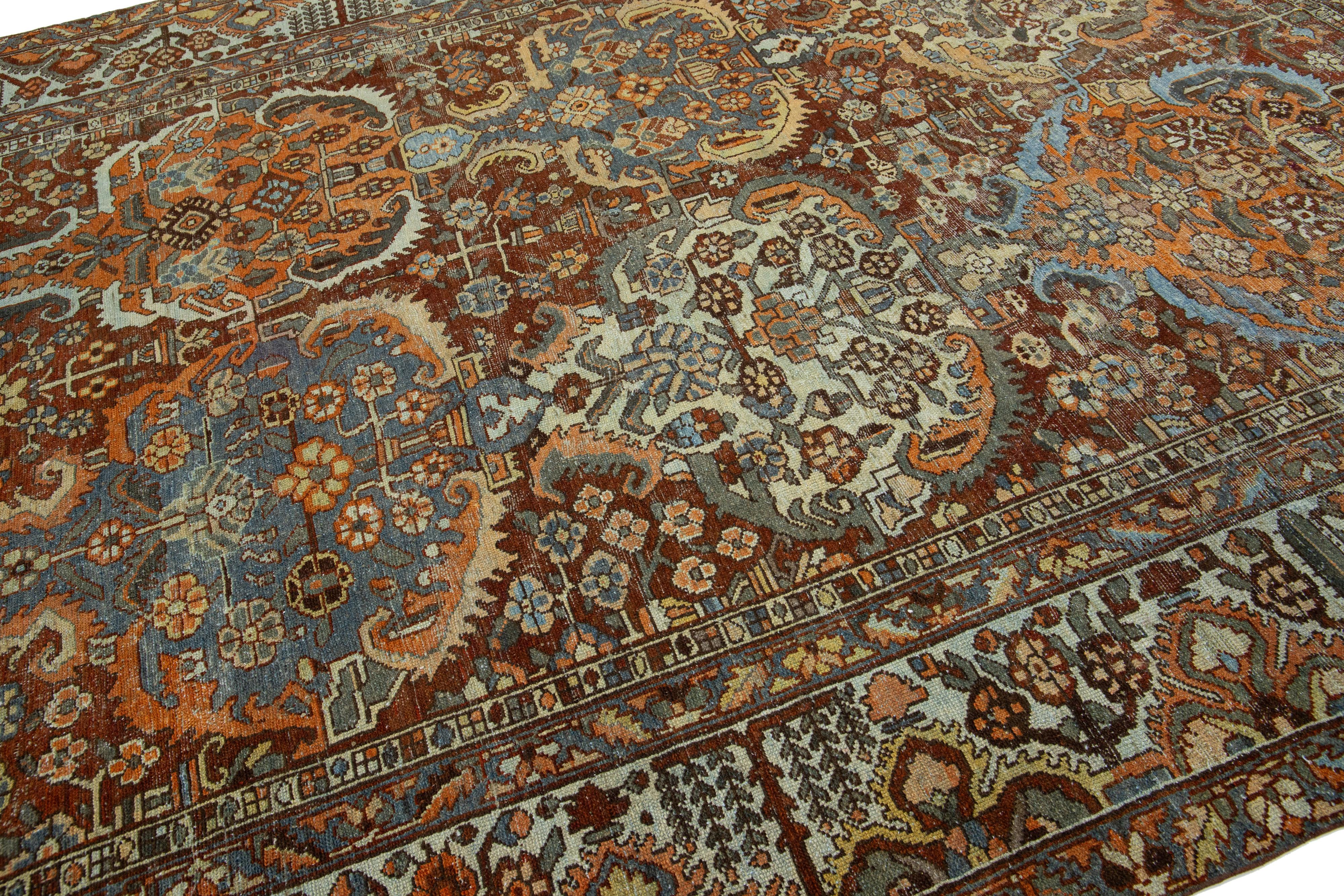 Hand-Knotted Antique Room Size Persian Bakhtiari Wool Rug Handmade In Red-Rust Color  For Sale