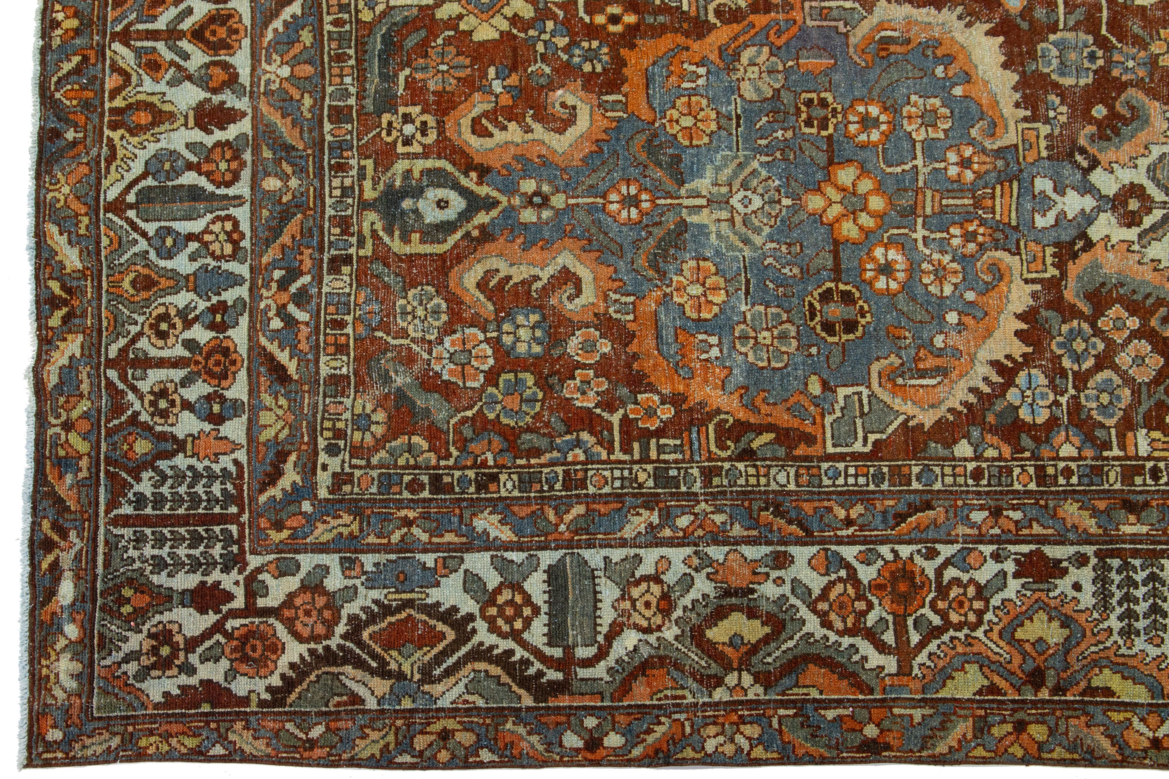 20th Century Antique Room Size Persian Bakhtiari Wool Rug Handmade In Red-Rust Color  For Sale