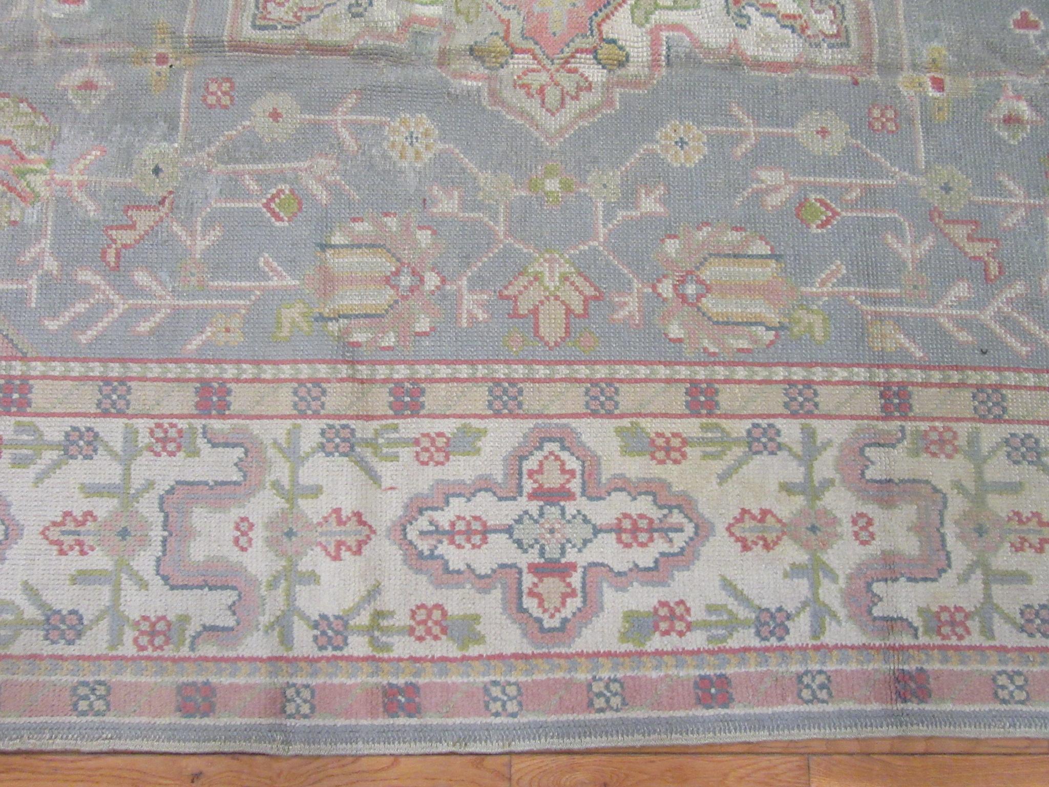 Antique Room Size Hand Knotted Gray Color Turkish Oushak Rug For Sale 5