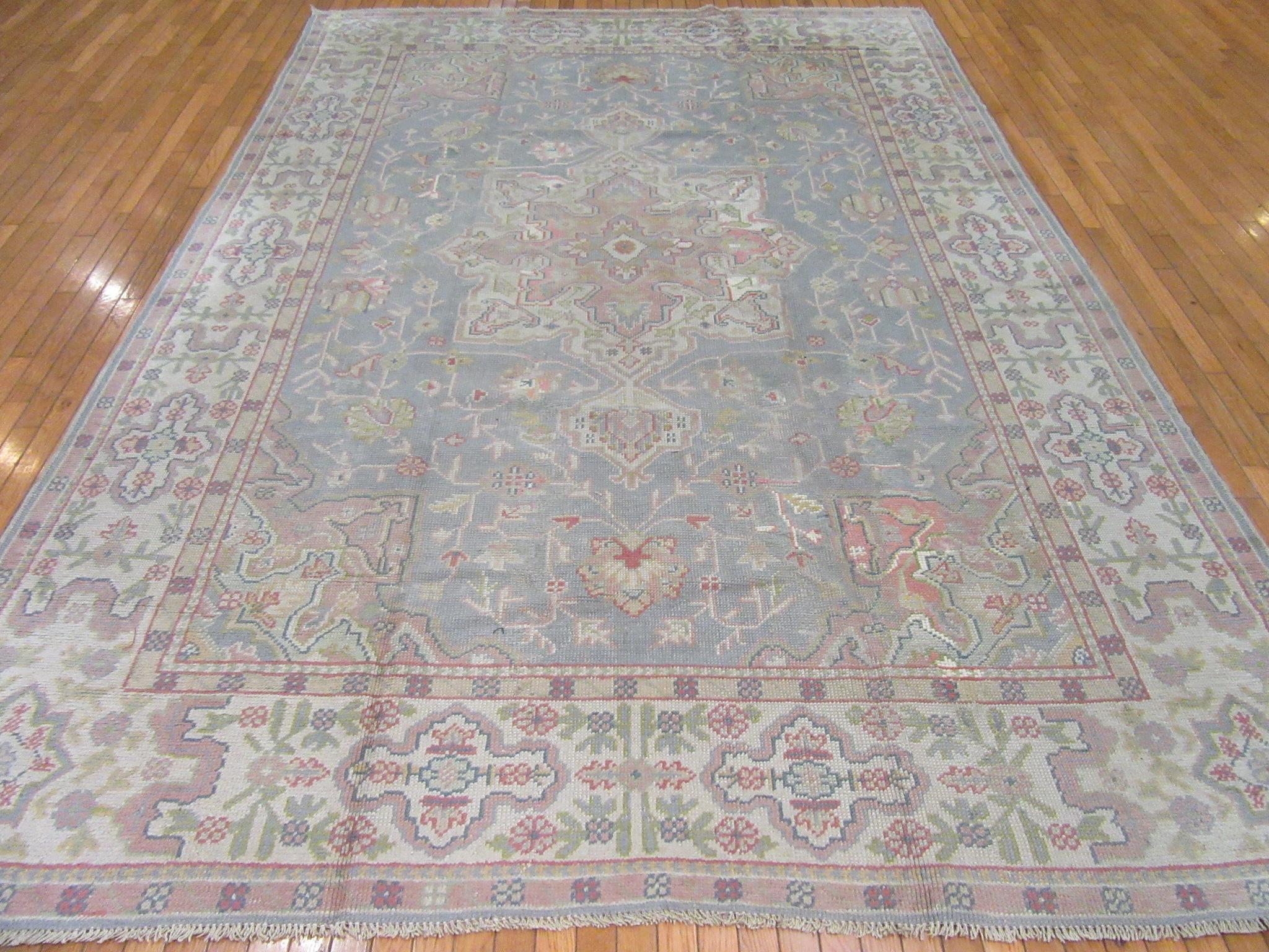 Antique Room Size Hand Knotted Gray Color Turkish Oushak Rug For Sale 7
