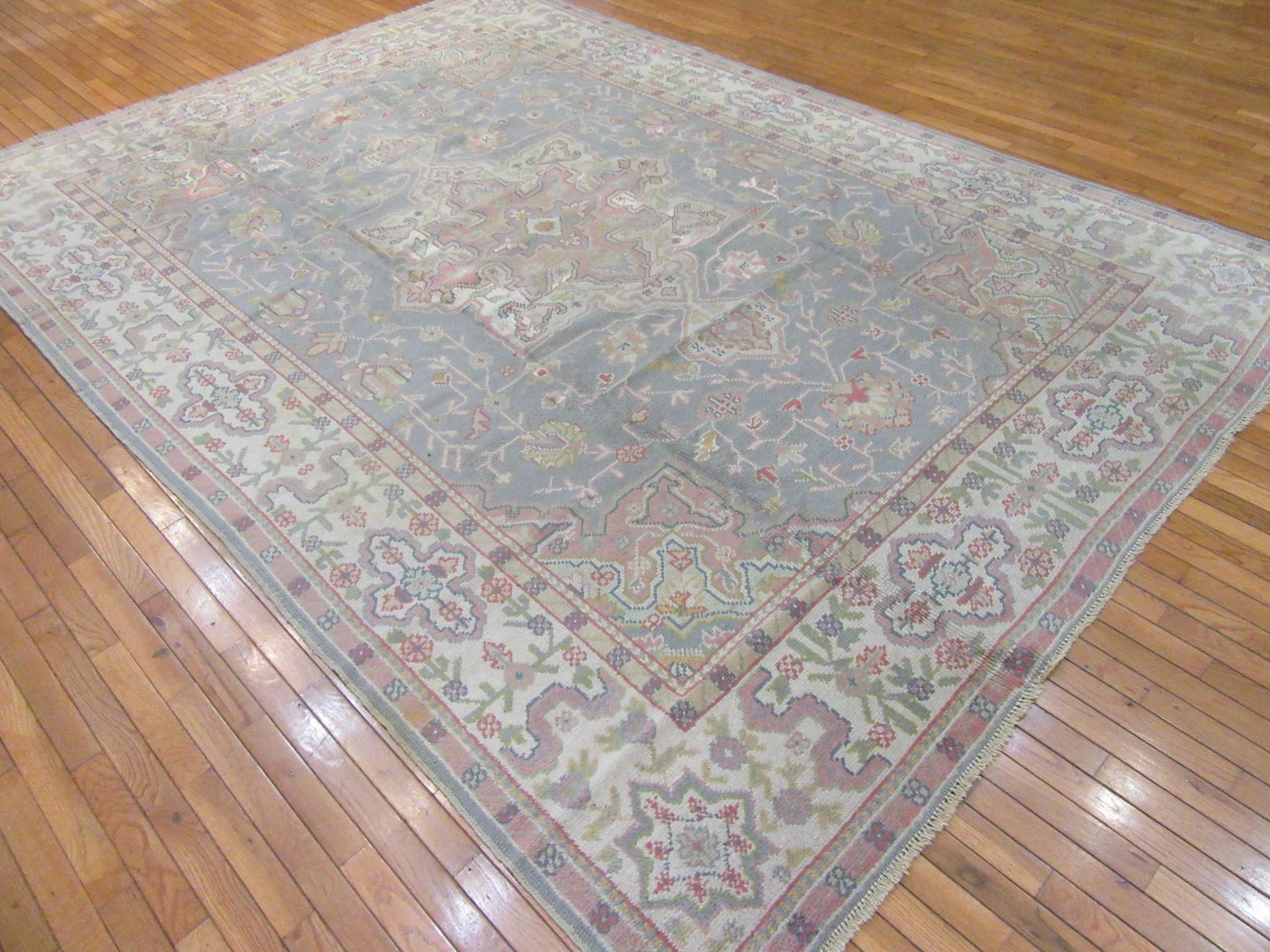 Antique Room Size Hand Knotted Gray Color Turkish Oushak Rug For Sale 8