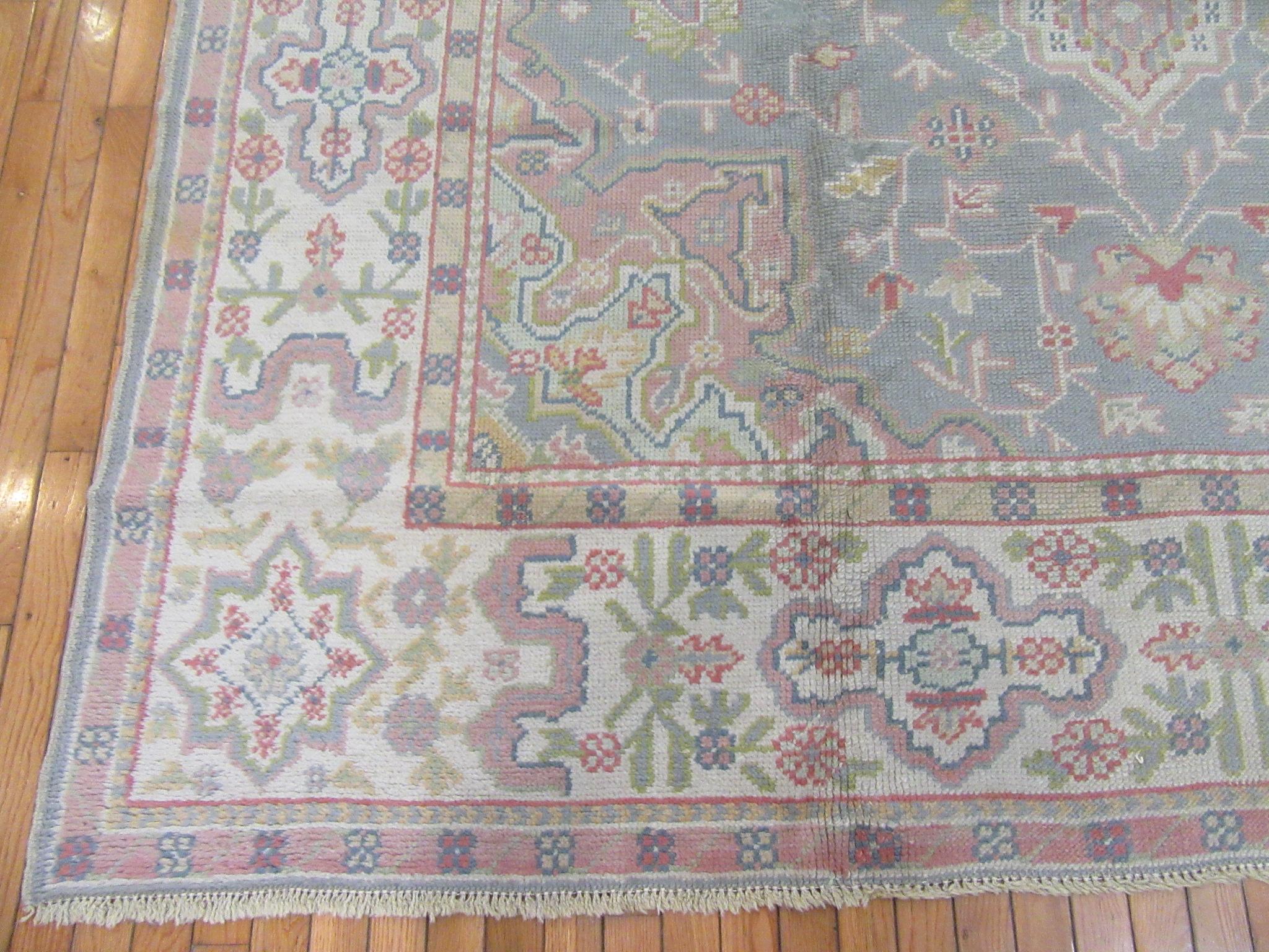 Hand-Knotted Antique Room Size Hand Knotted Gray Color Turkish Oushak Rug For Sale