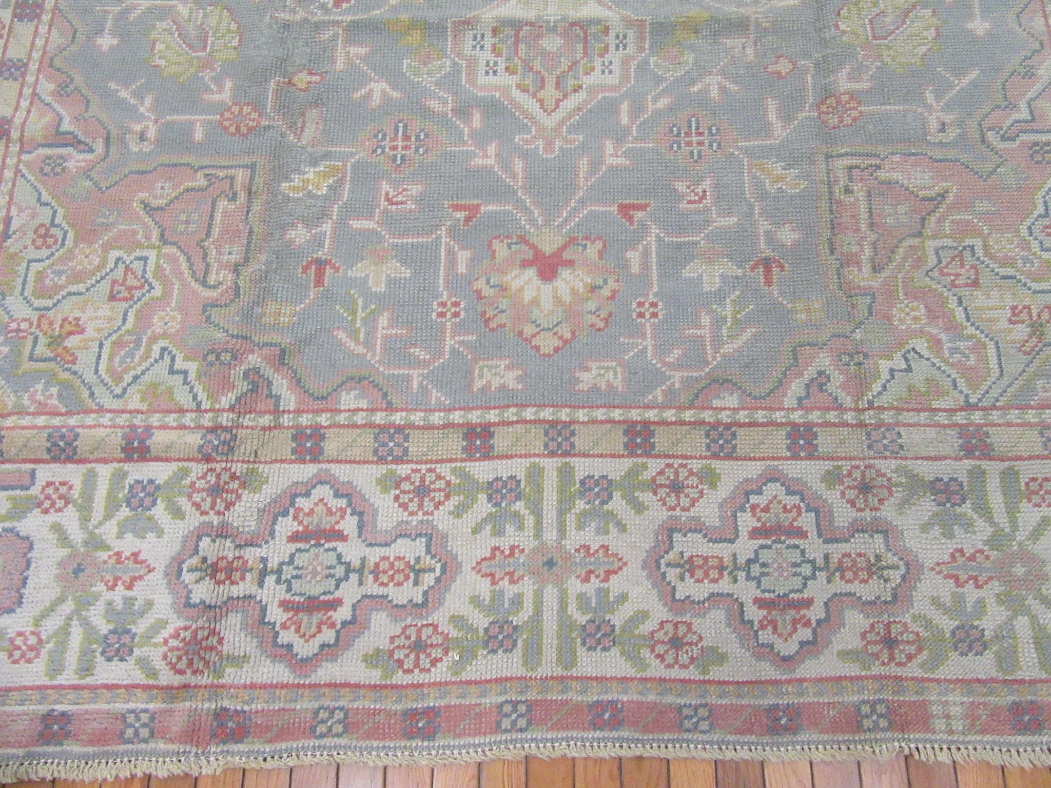 Antique Room Size Hand Knotted Gray Color Turkish Oushak Rug In Good Condition For Sale In Atlanta, GA