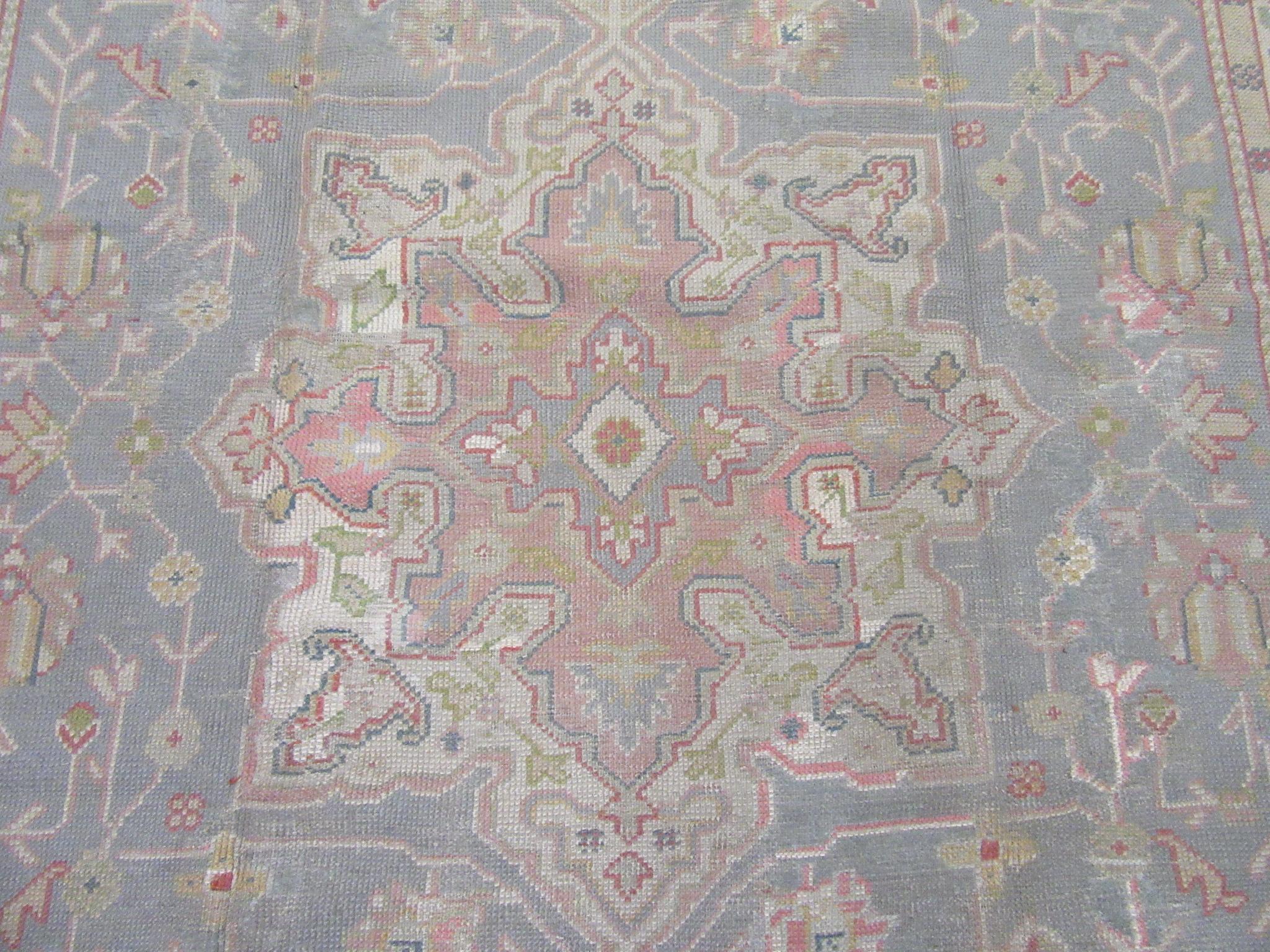 Antique Room Size Hand Knotted Gray Color Turkish Oushak Rug For Sale 1