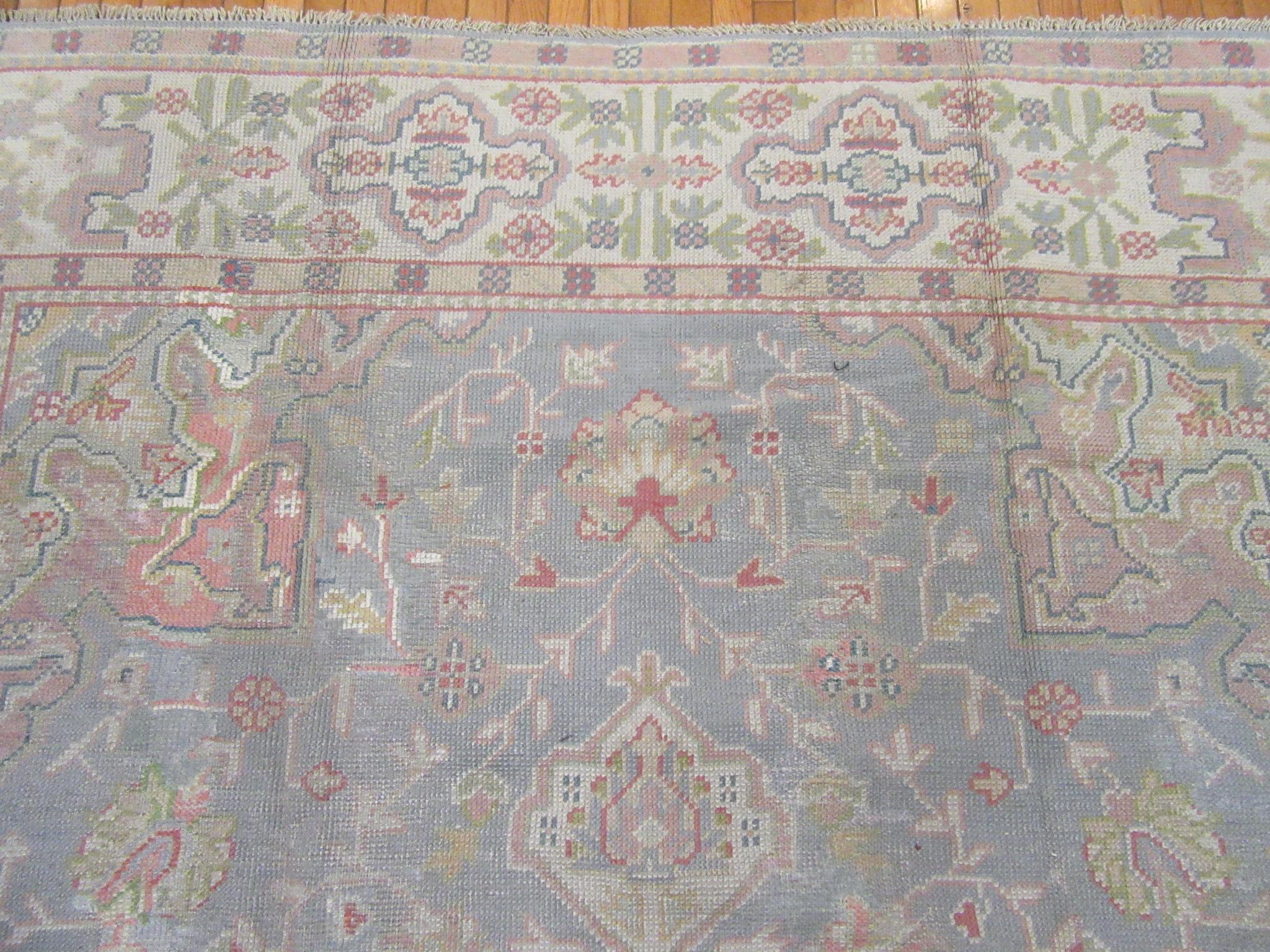 Antique Room Size Hand Knotted Gray Color Turkish Oushak Rug For Sale 2
