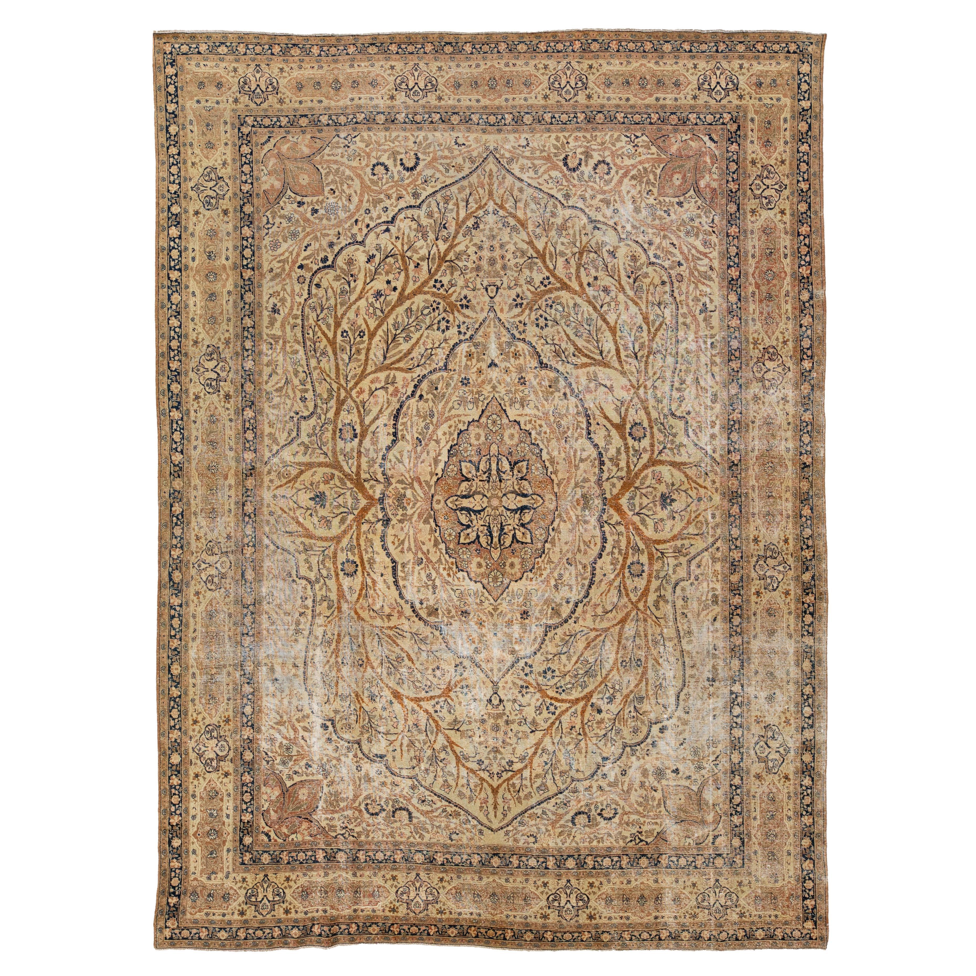 Tapis persan Tabriz des années 1900, brun clair avec motif de rosette