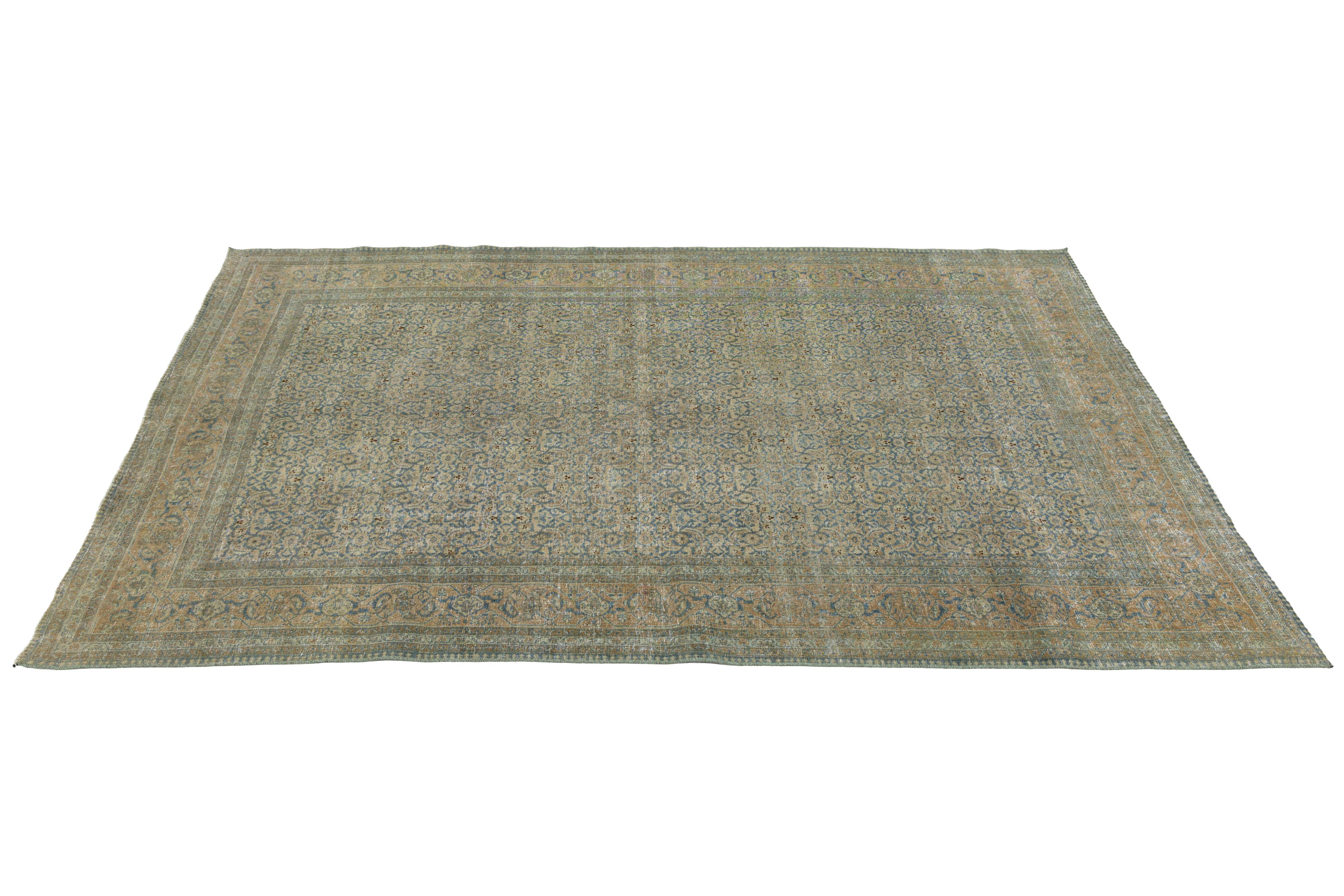 Antike Room Sized Persisch Tabriz Blau Wolle Teppich mit Allover-blumige Muster im Angebot 1