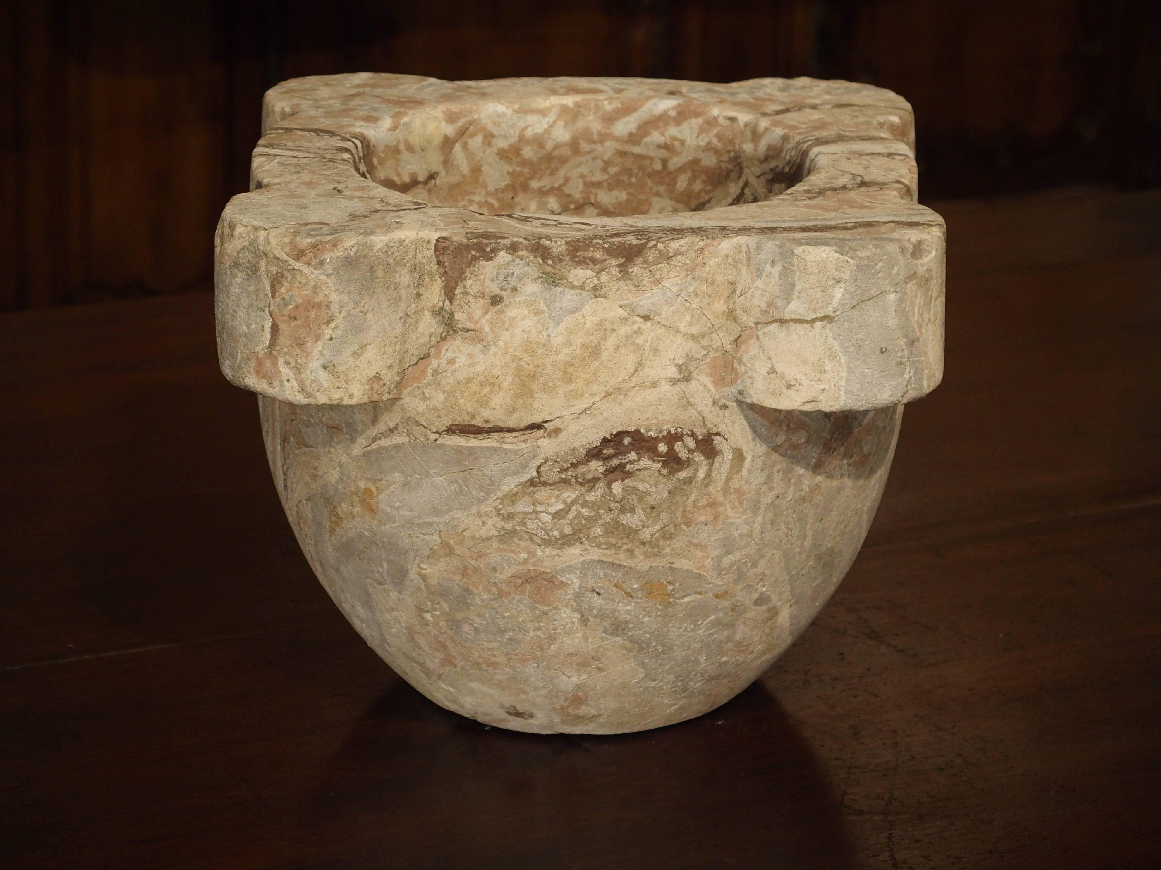 Hand-Carved Antique Rose and Gray Colored Marble Mortar from France