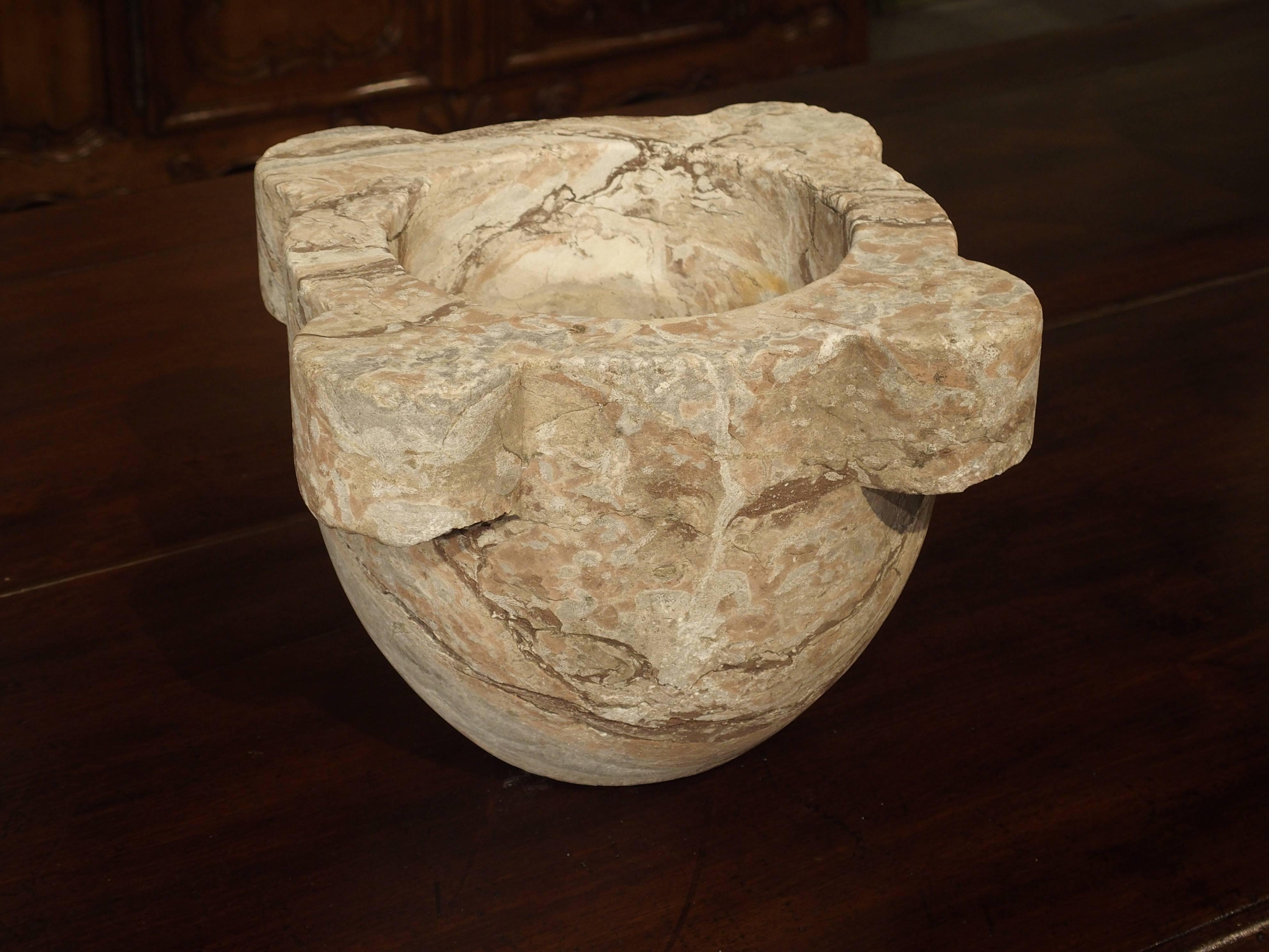 19th Century Antique Rose and Gray Colored Marble Mortar from France