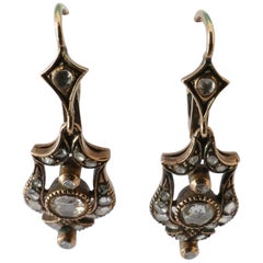 Antique Rose and Yellow Gold Rose Cut Diamond Drop Earrings
