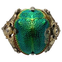 Antique  Bague en argent rose en forme de scarabée, fantaisie néo-archéologique d'histoire naturelle