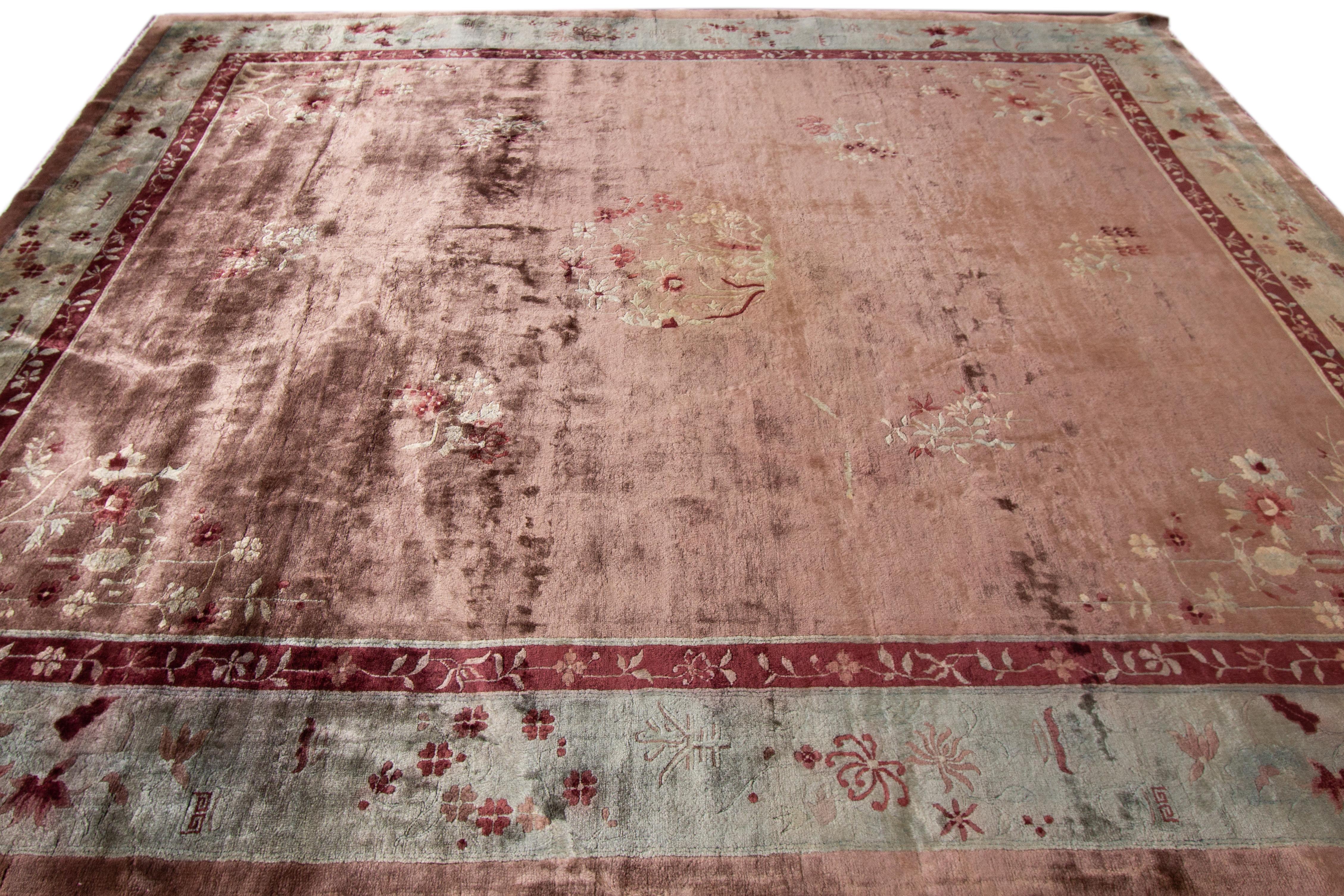 Hand-Knotted Antique Rose Chinese Art Deco Wool Rug