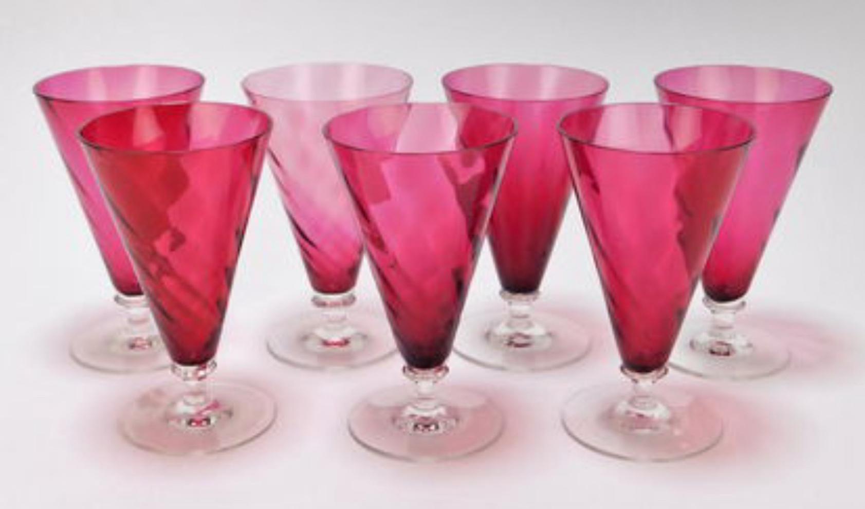 Hand-Crafted Antique rose colored German stemware Goblets For Sale