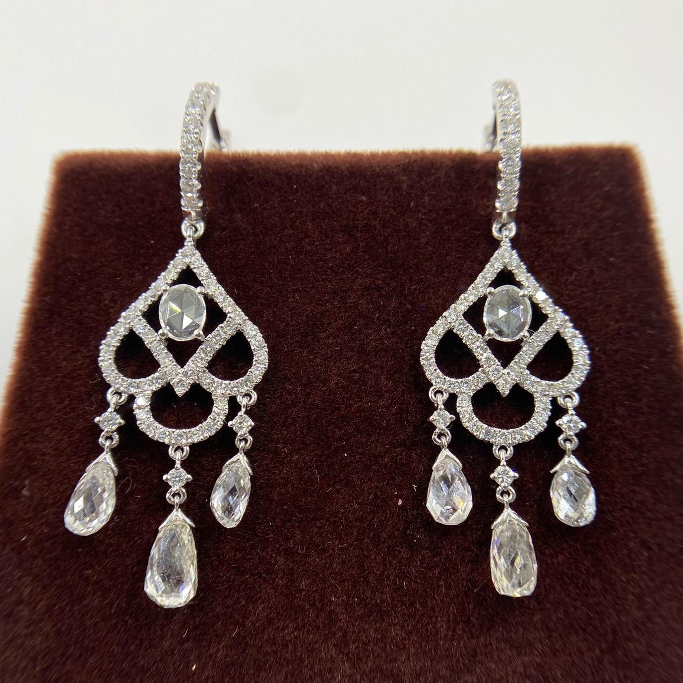 Contemporary Vintage Rose Cut and Briolette Diamond Dangle Earrings in 18K White Gold For Sale