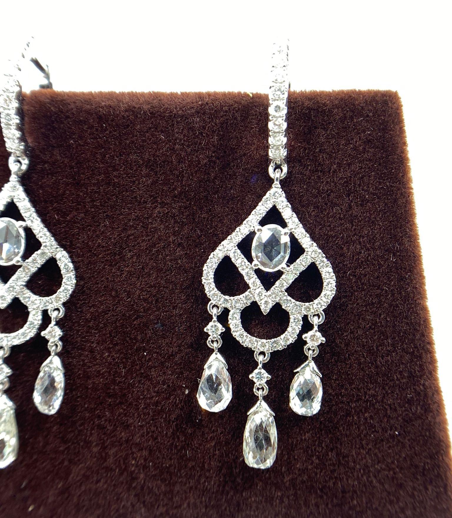 Briolette Cut Vintage Rose Cut and Briolette Diamond Dangle Earrings in 18K White Gold For Sale