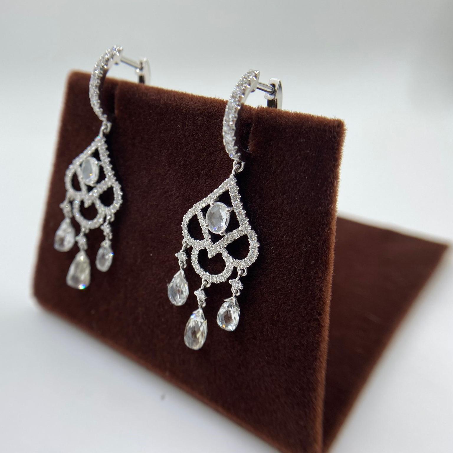 Vintage Rose Cut and Briolette Diamond Dangle Earrings in 18K White Gold In New Condition For Sale In Hong Kong, HK