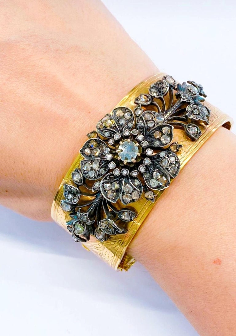 Women's Antique 18K Gold French Rose Cut Diamond Cuff Bracelet For Sale