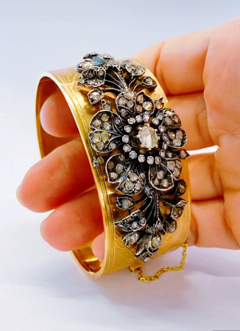 Antique 18K Gold French Rose Cut Diamond Cuff Bracelet For Sale 1