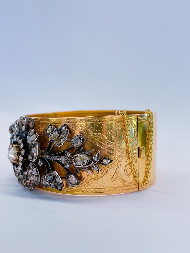 Antique 18K Gold French Rose Cut Diamond Cuff Bracelet For Sale 2