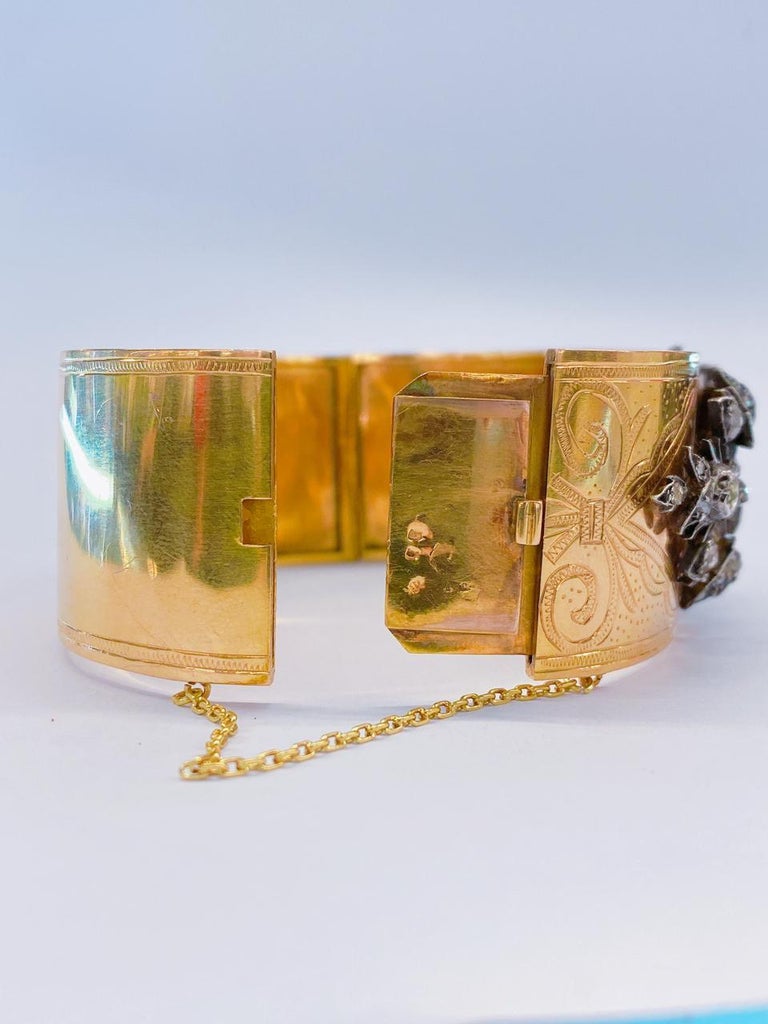 Antique 18K Gold French Rose Cut Diamond Cuff Bracelet For Sale 3