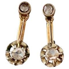 Antique Rose Cut Diamond 14 Karat Yellow Gold and Silver Lever Back Earrings