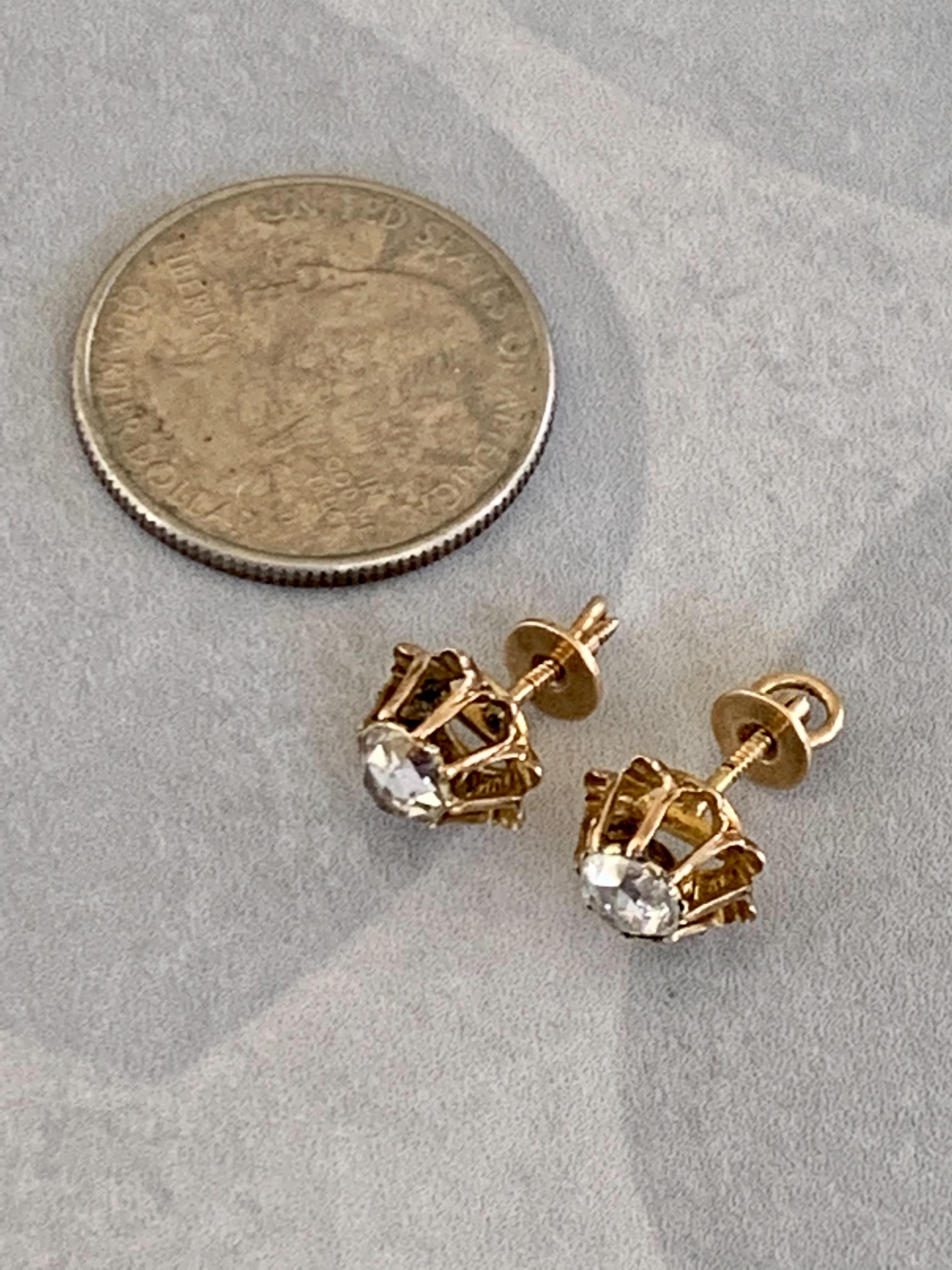 Antique Rose Cut Diamond 14 Karat Yellow Gold Screw Back Earrings In Good Condition For Sale In St. Louis Park, MN