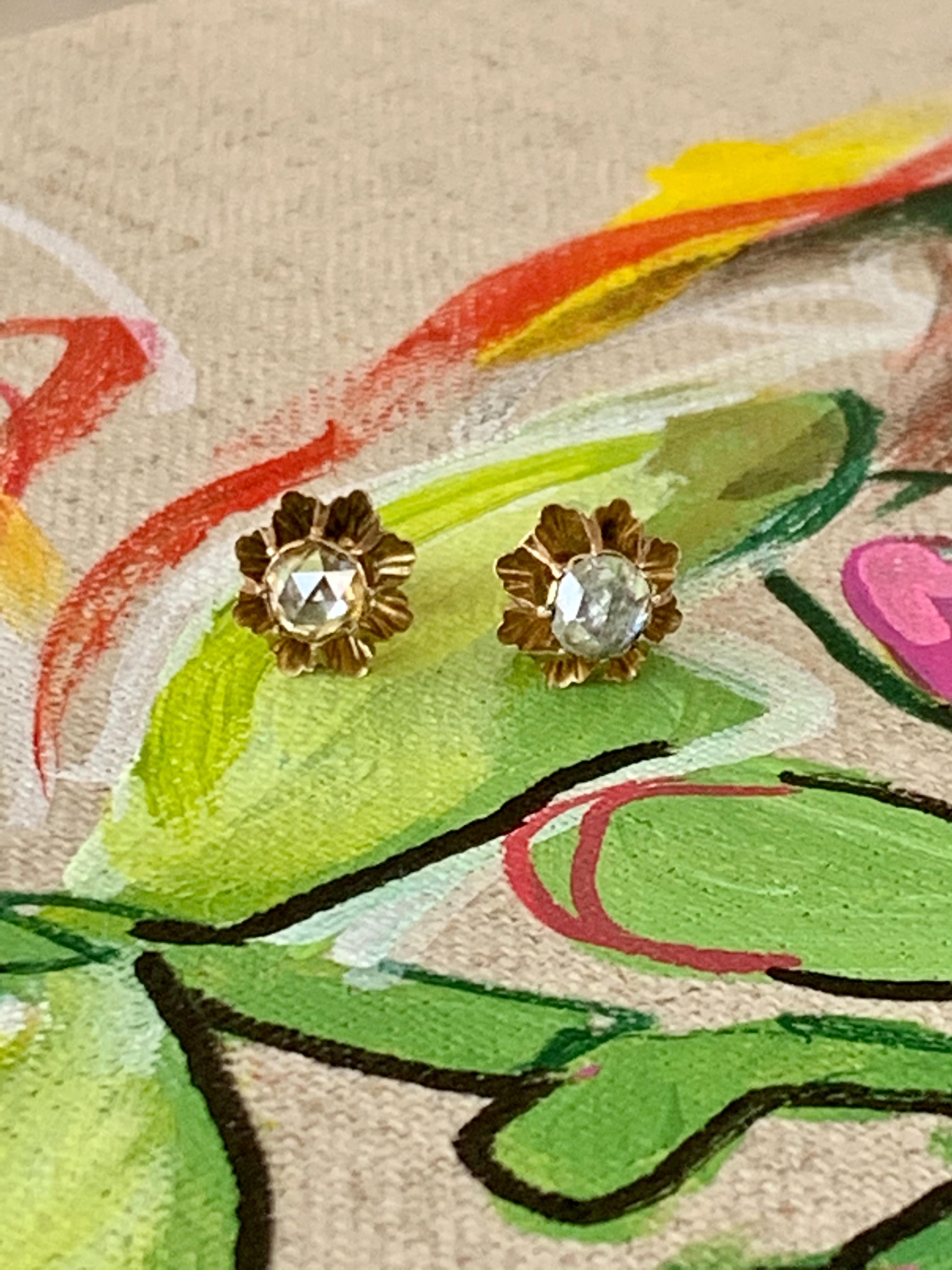 Antique Rose Cut Diamond 14 Karat Yellow Gold Screw Back Earrings For Sale 2