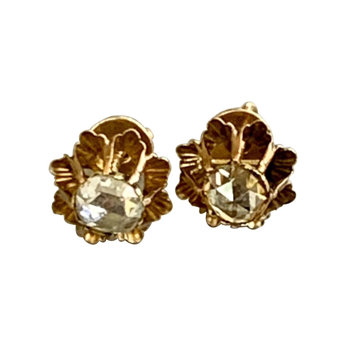Antique Rose Cut Diamond 14 Karat Yellow Gold Screw Back Earrings For Sale