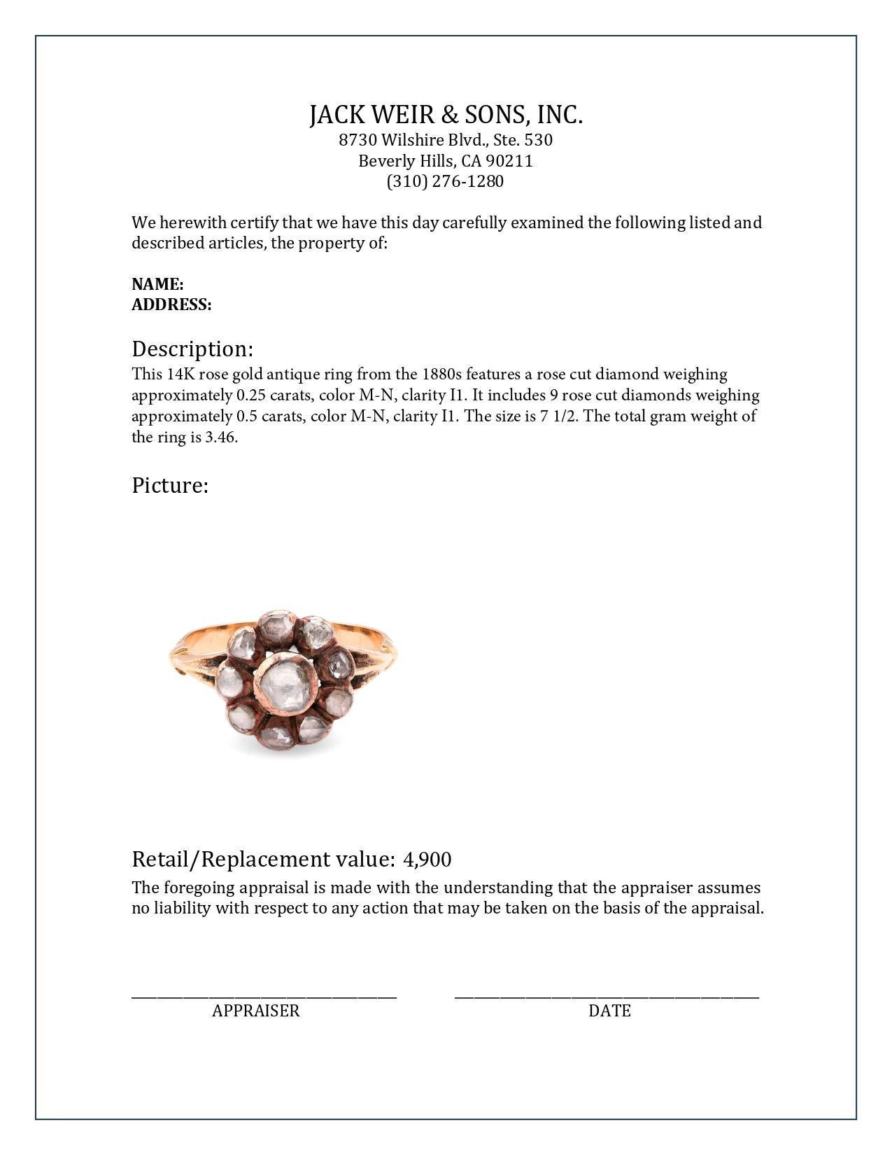 Antiker Cluster-Ring aus 14 Karat Roségold mit Diamanten im Rosenschliff für Damen oder Herren